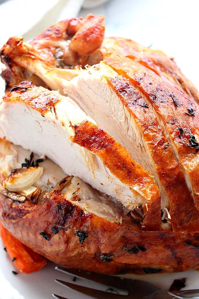 Close up shot of roasted turkey breast, sliced.