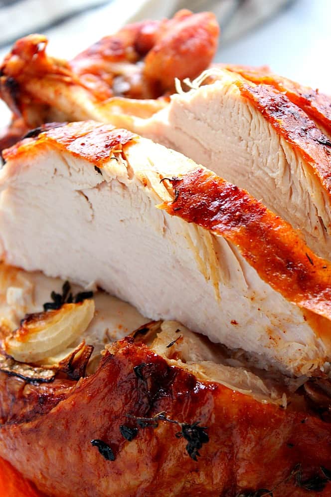 Close up shot of slices of roasted turkey breast with golden brown skin.