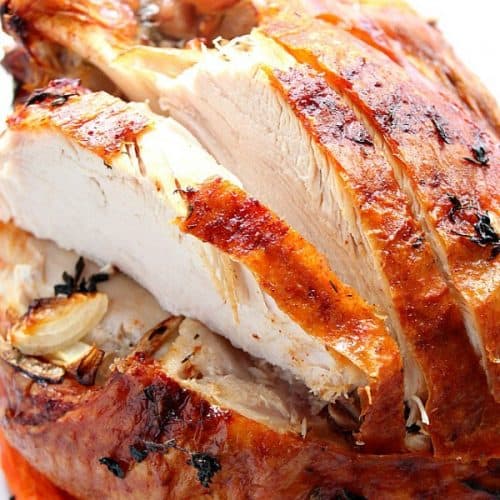 Close up of oven-roasted turkey breast, sliced.