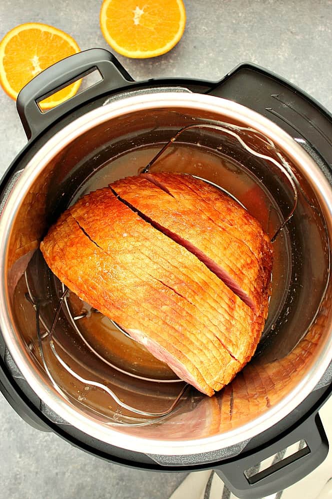 Overhead shot of spiral-cut ham in the Instant Pot pressure cooker.