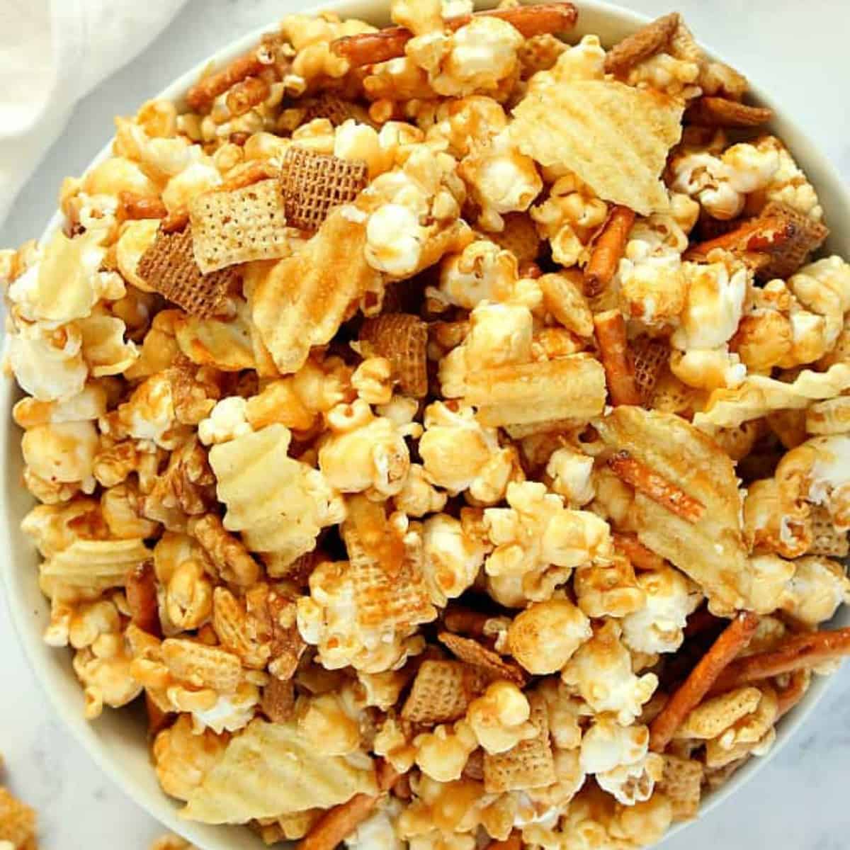 Popcorn mix in a bowl.
