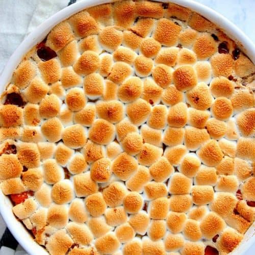 Classic sweet potato casserole with toasted marshmallow topping.