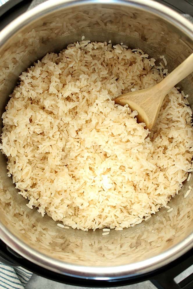 Overhead shot of cooked rice in the Instant Pot.