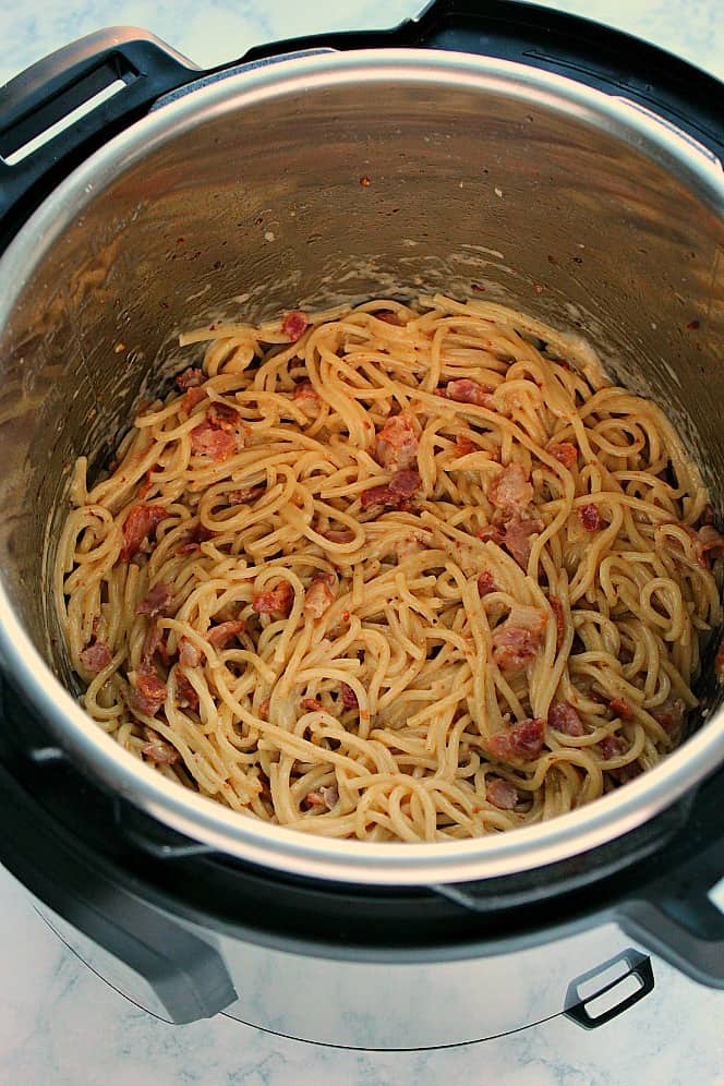Overhead shot of spaghetti carbonara in the Instant Pot. 