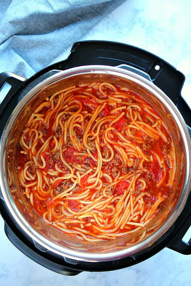 Overhead shot of spaghetti with tomato sauce and beef in the Instant Pot.