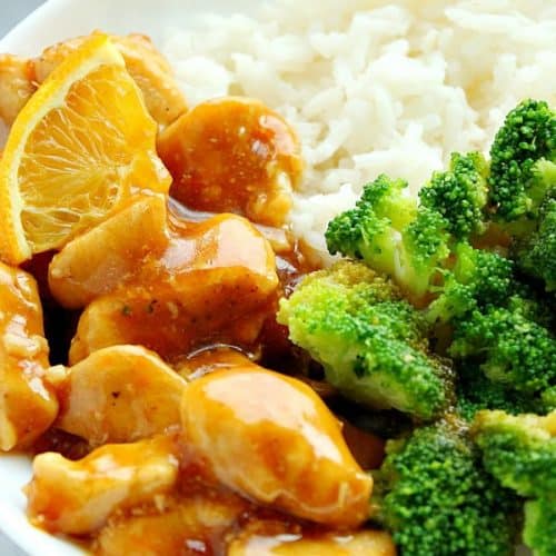 Orange Chicken with rice and broccoli in a bowl.