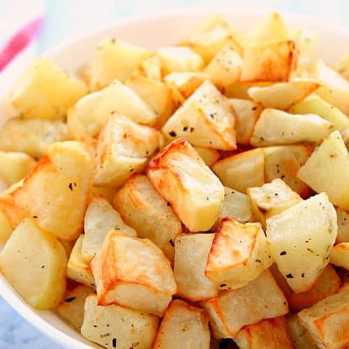 Roasted potatoes in a bowl.