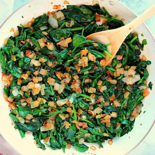 Sauteed spinach in a pan.