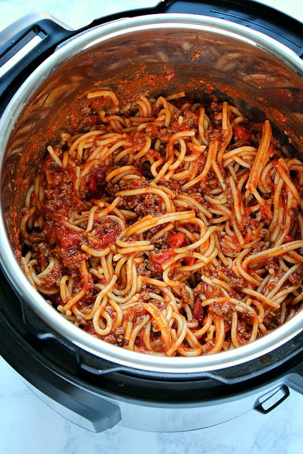 Instant Pot Spaghetti inside the pressure cooker.