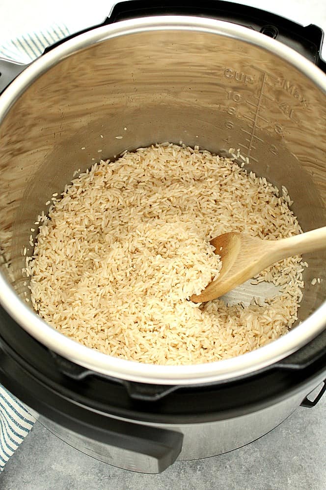 Overhead shot of long grain white rice in the Instant Pot. 