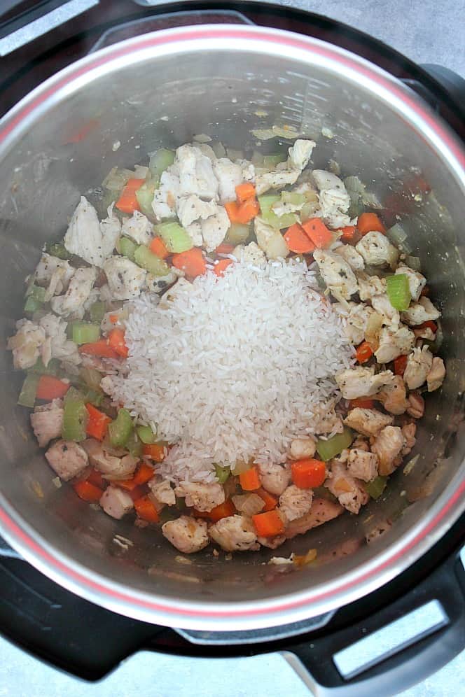 Overhead shot of chicken, carrots, celery, onions and rice in the Instant Pot.