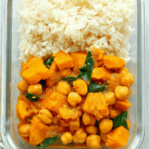 Sweet potato curry with rice in meal prep dish.