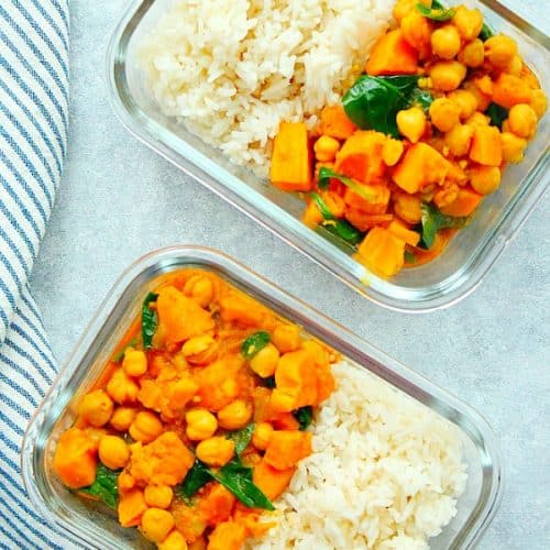 Curry with sweet potatoes and rice in meal prep dish.