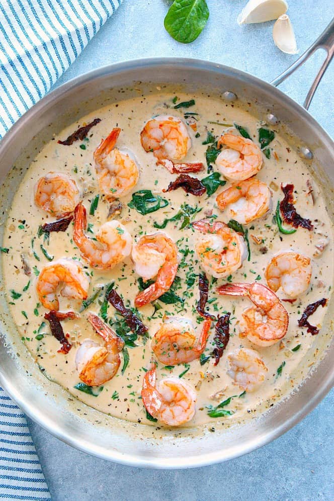 Overhead shot of Tuscan Shrimp in stainless steel pan.