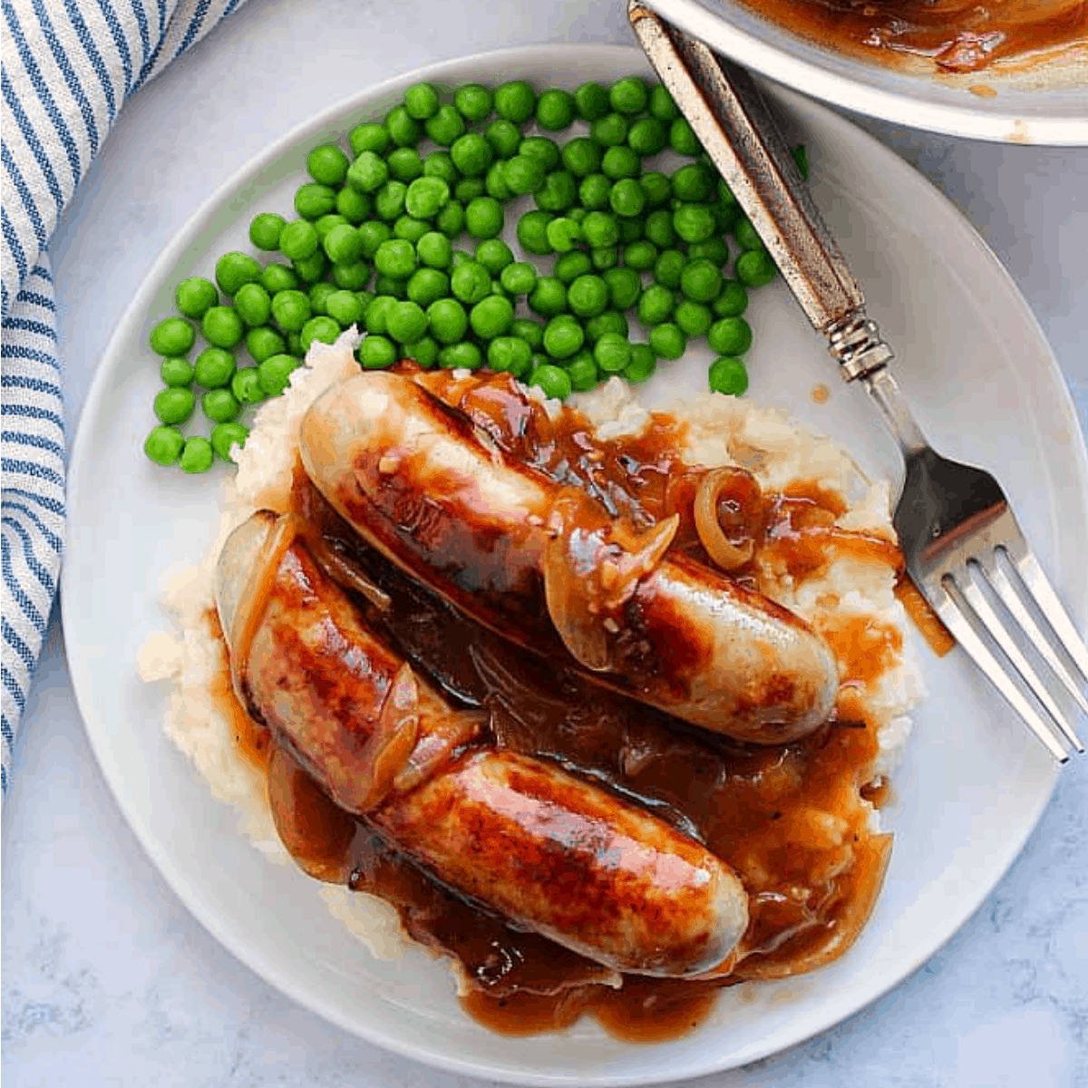 Irish sausage with onion gravy.