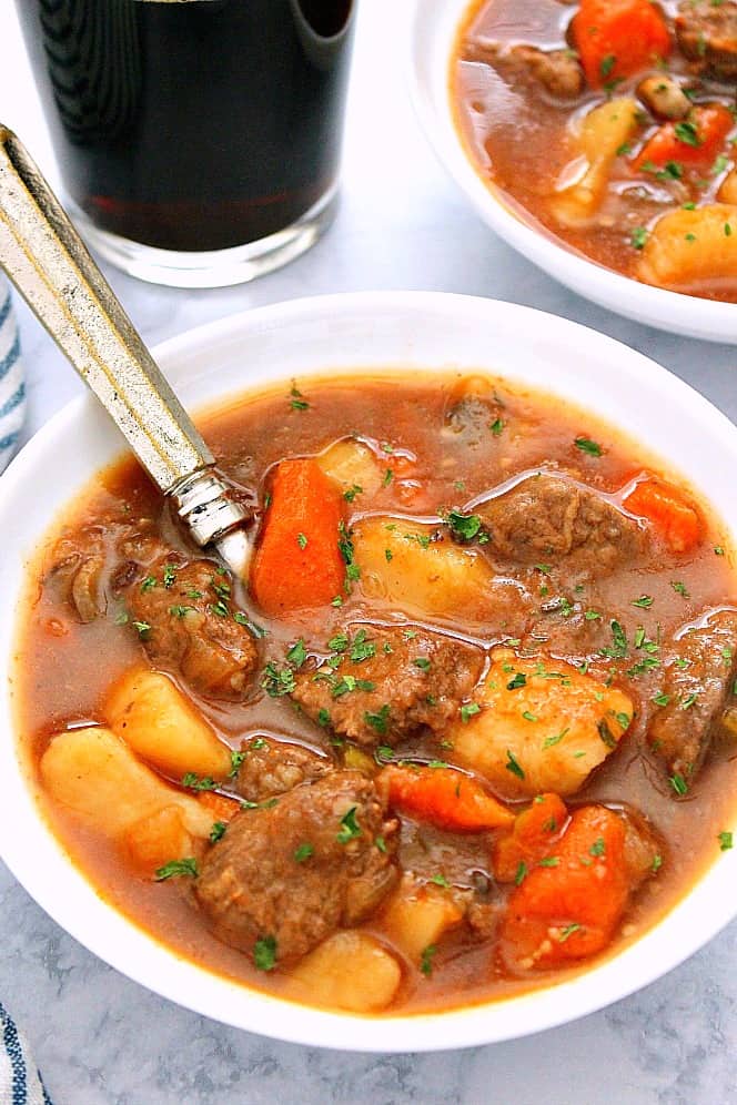 Instant Pot Beef Stew in a white bowl.