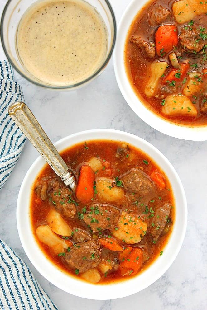 Instant Pot beef stew in two bowls.