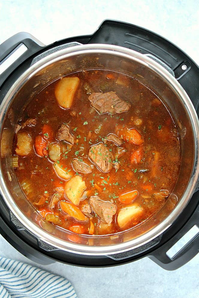 Overhead shot of beef stew in the Instant Pot.