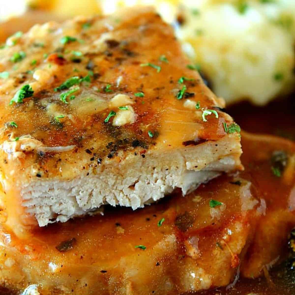 Pork chops with gravy.