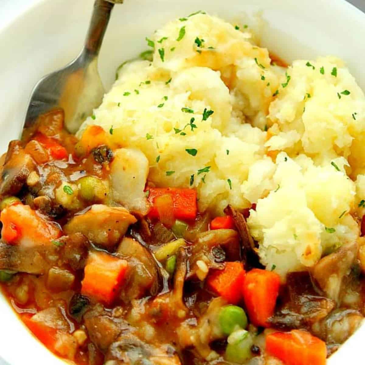 Shepherd's pie in a white bowl.