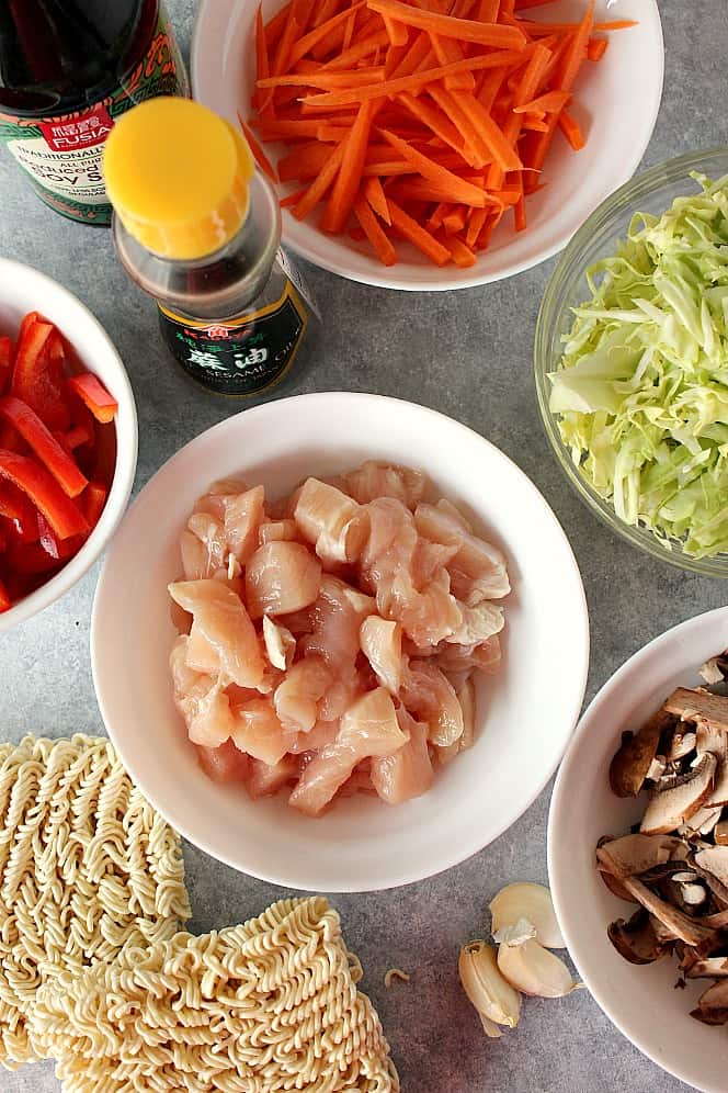 Overhead shot of ingredients for chicken yakisoba.