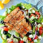 Salmon salad in large white bowl.