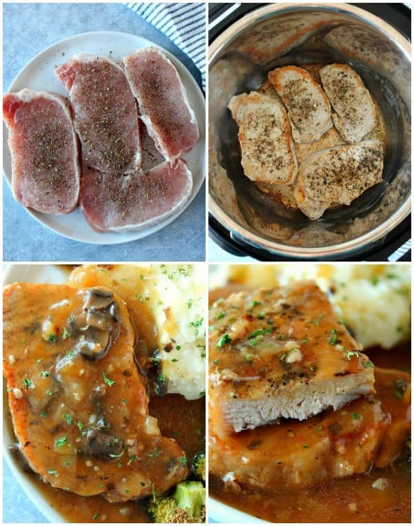 Photo collage with steps to make pork chops with gravy in the Instant Pot.