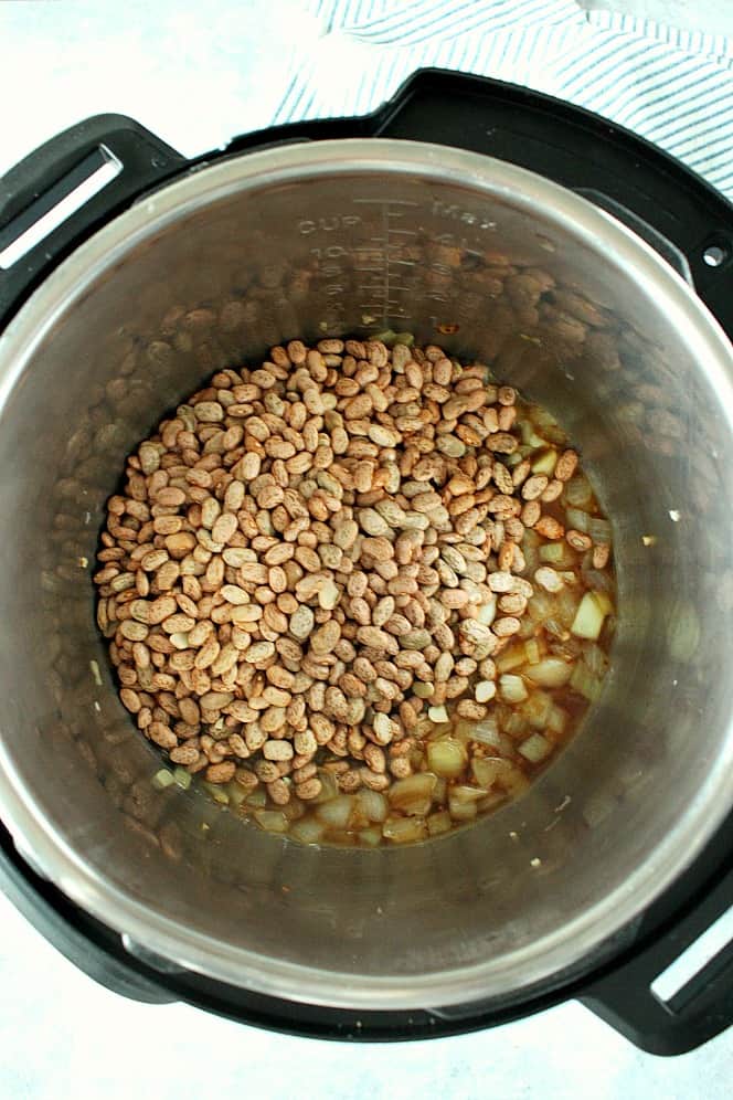 Overhead shot of dry pinto beans inside the Instant Pot.