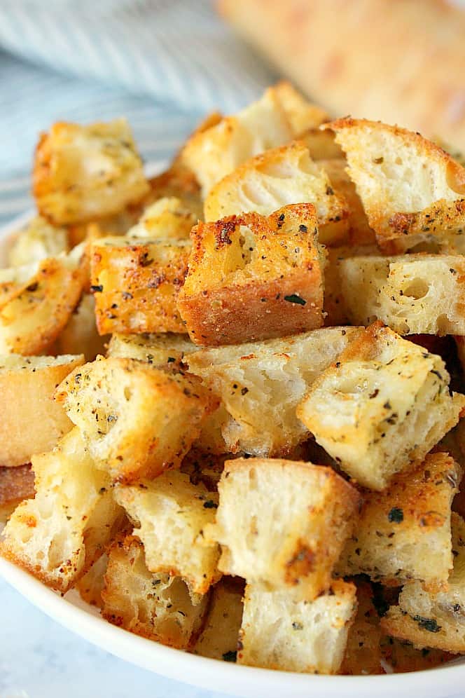 Close up shot of croutons in bowl.