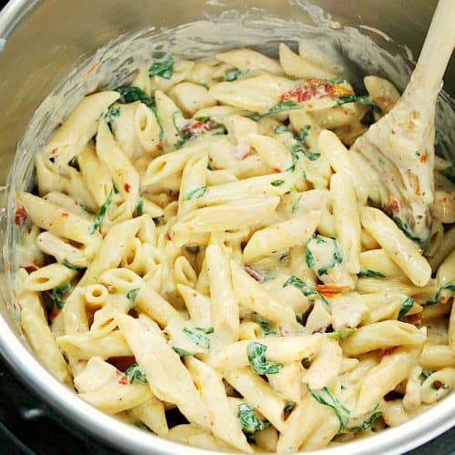 Overhead shot of Tuscan chicken pasta in the Instant Pot.