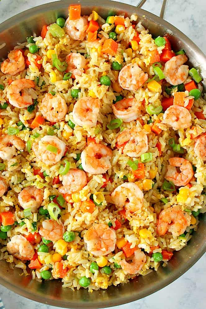 Shrimp Fried Rice in a stainless steel skillet.