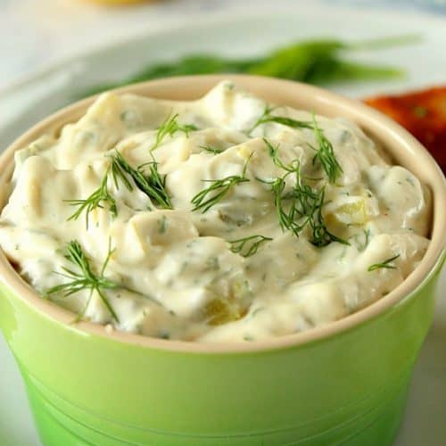 Homemade Tartar Sauce in a green serving dip bowl.