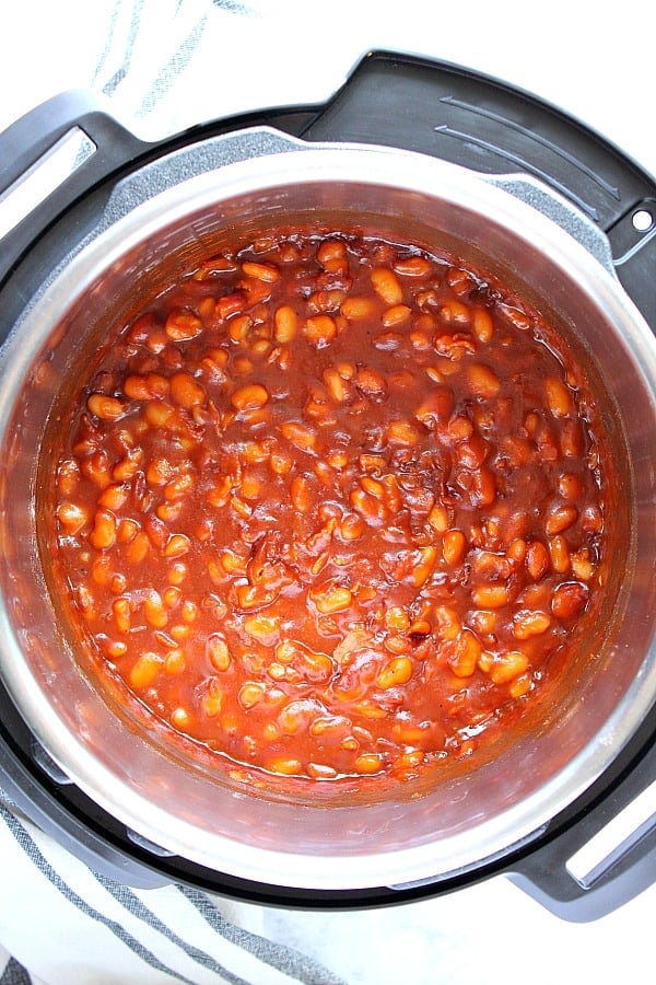 Overhead shot of baked beans in Instant Pot.