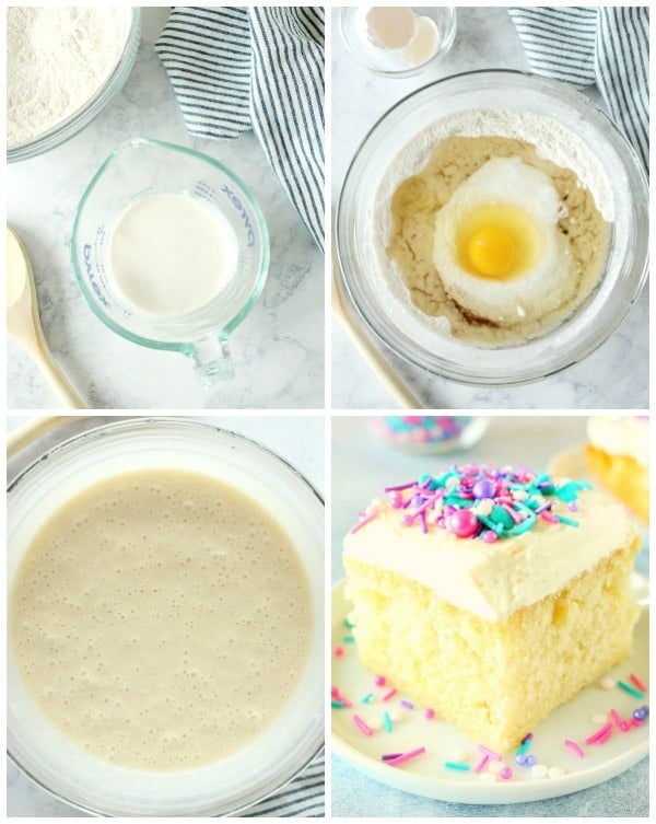 A collage of four steps to make one-bowl vanilla cake.