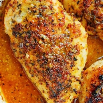Baked Honey Mustard Chicken in baking dish.