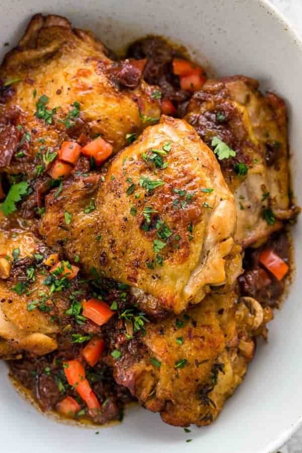 Instant Pot Balsamic Chicken in white bowl.