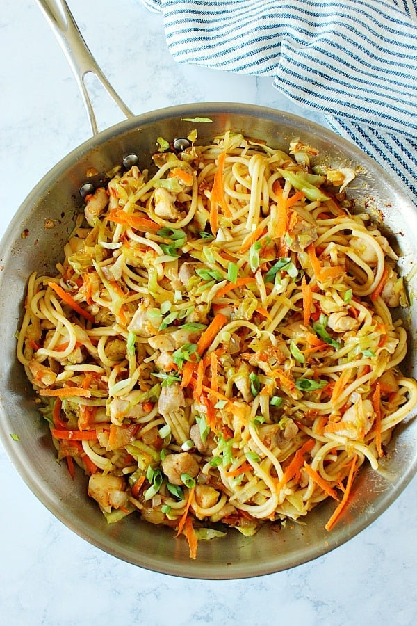 Chicken Chow Mein in a stainless steel skillet.