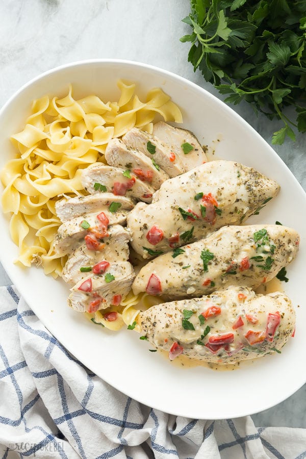 Creamy Italian Instant Pot Chicken Breast with wide noodles in bowl.
