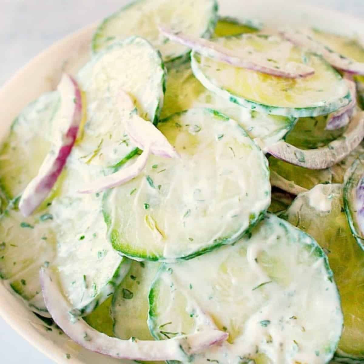 Cucumber salad in a bowl.