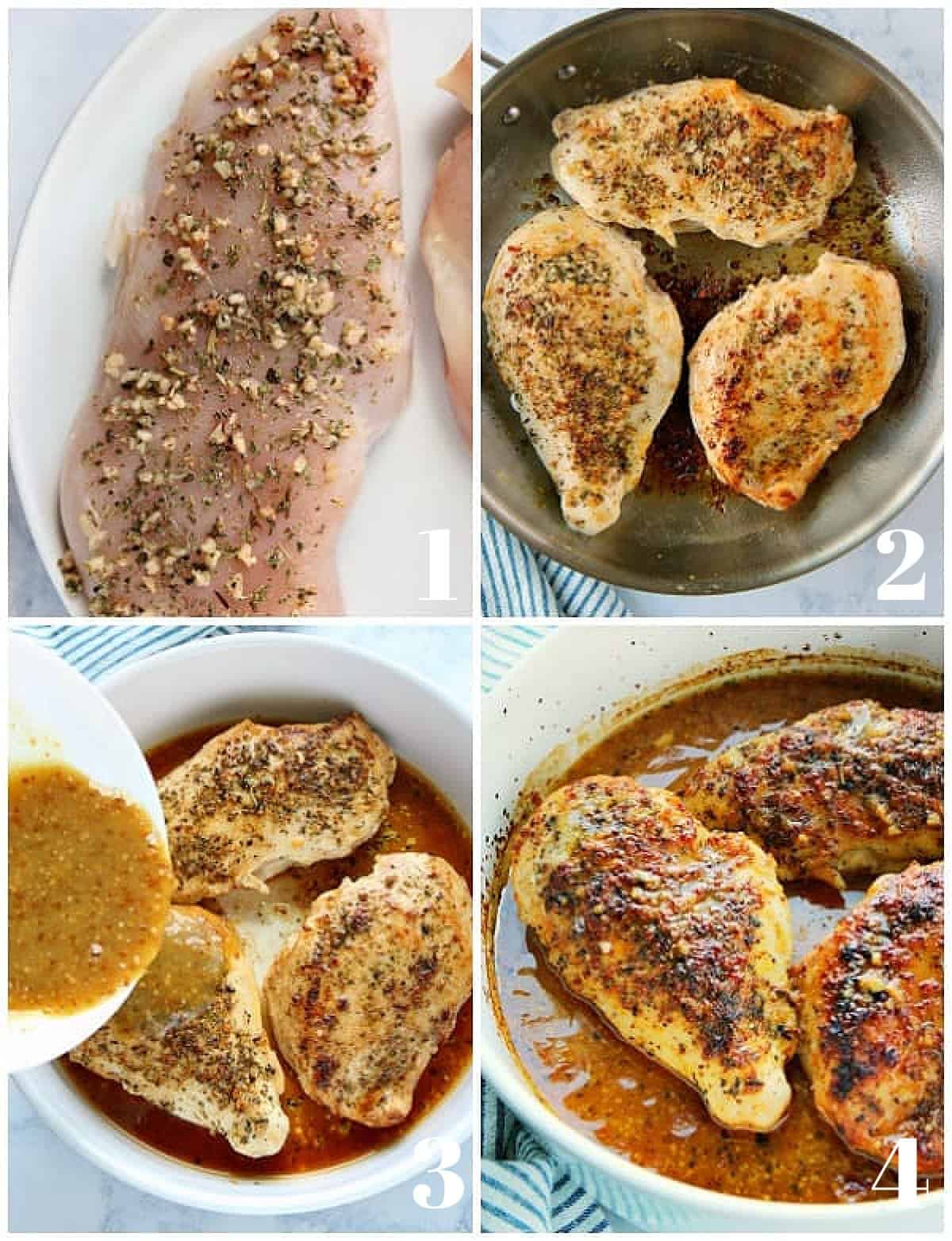 Photo collage of steps for making honey mustard chicken.