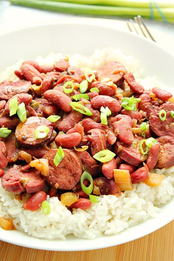 Instant Pot Red Beans and Rice on white plate.