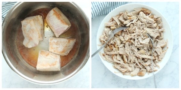 Step 3 and 4: pork in the Instant Pot before cooking and pulled pork on plate.