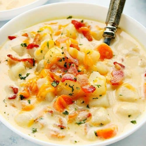 Instant Pot potato soup in a bowl,