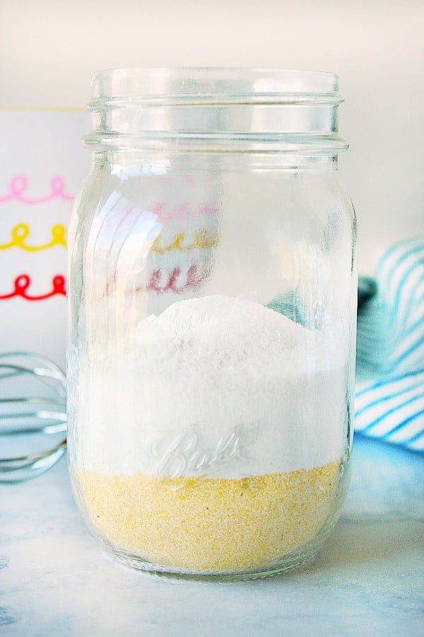 Homemade Cornbread Mix in a glass jar.