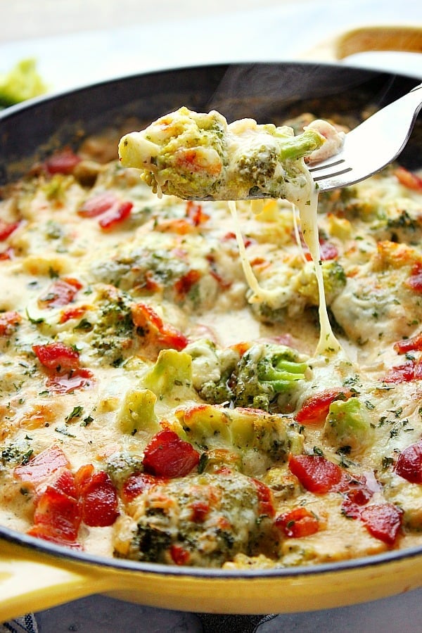 Creamy Broccoli side dish in cast iron skillet.