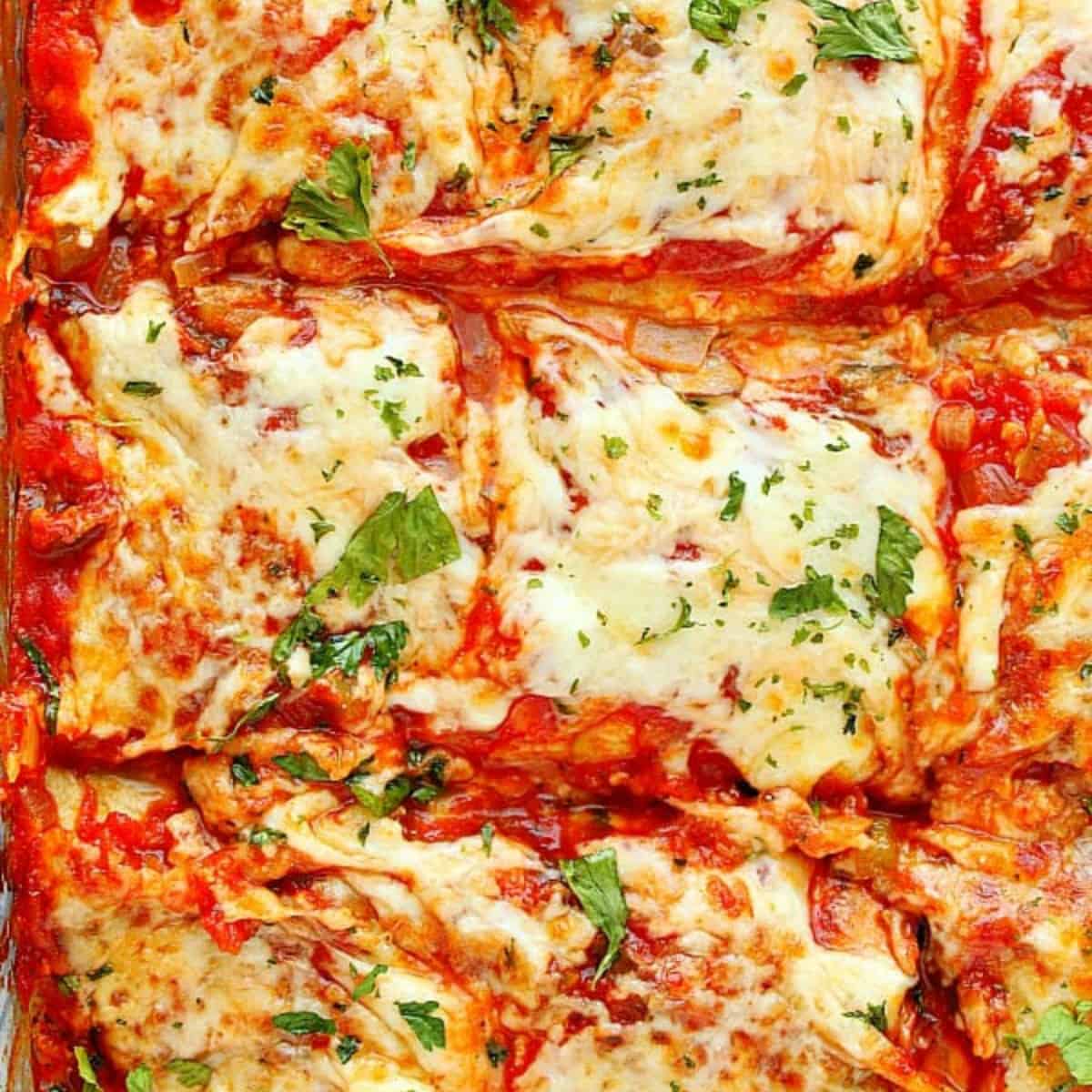 Eggplant lasagna in a glass baking dish.