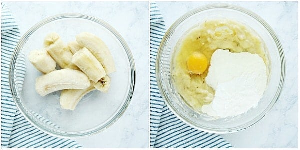 Bananas in a glass bowl and with added egg and buttermilk.