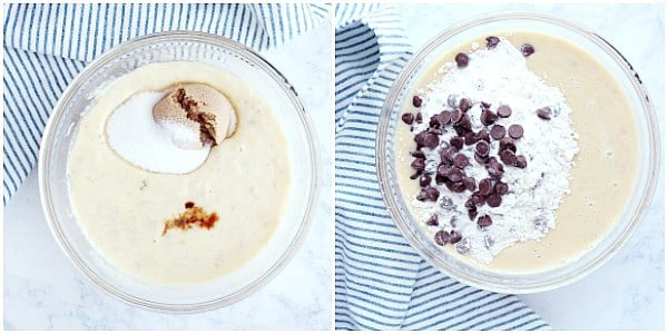 Banana mixture with sugars in a glass bowl and added flour and chocolate chips.