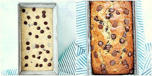 Batter in a loaf pan with chocolate chips on top and baked bread in the pan.