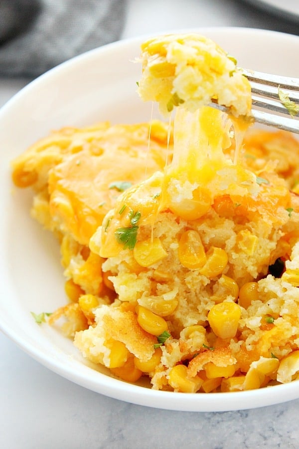 Cheesy Corn Casserole in a bowl.